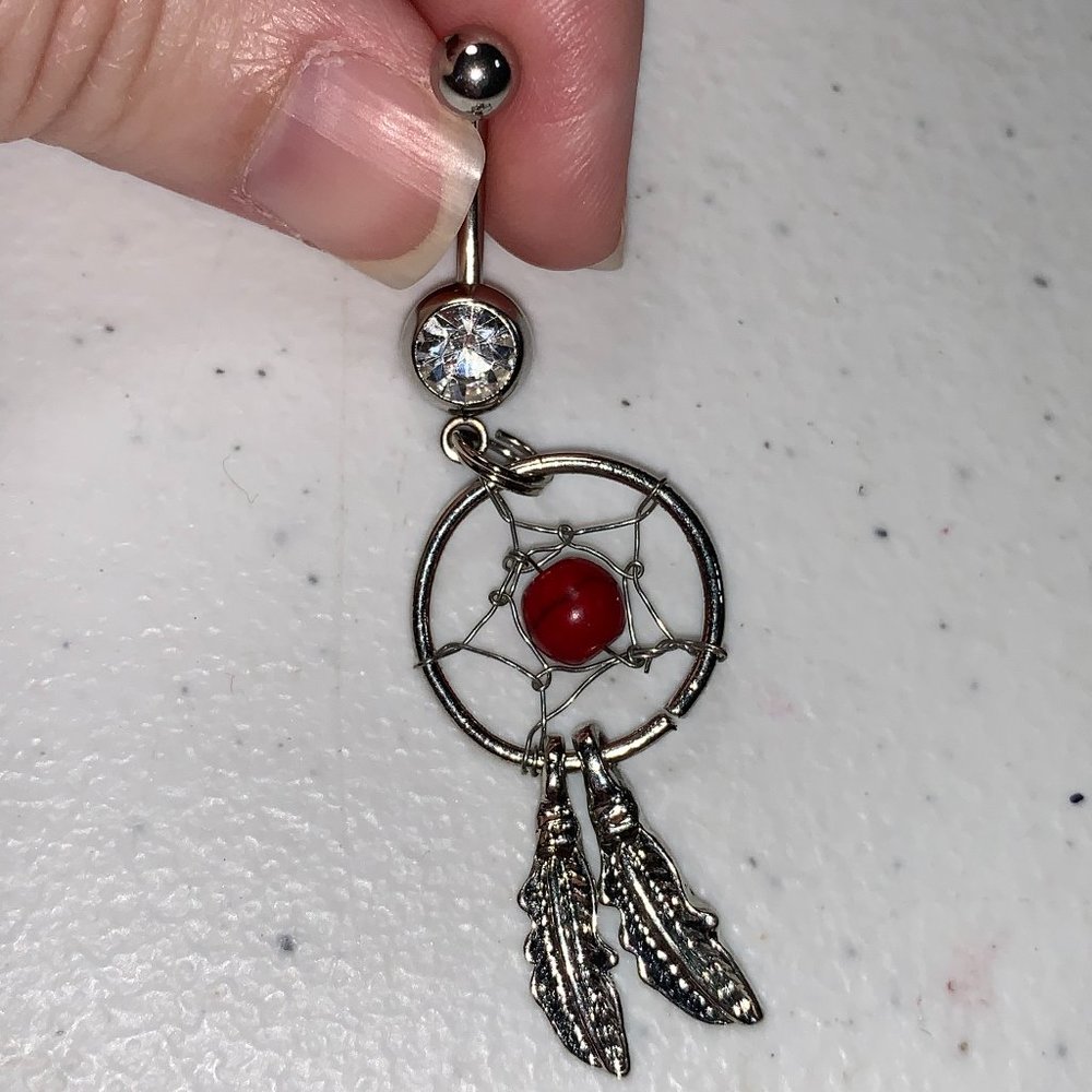 14 Gauge Dream Catcher Belly Ring, Clear gem with Dark red bead, silver split ri